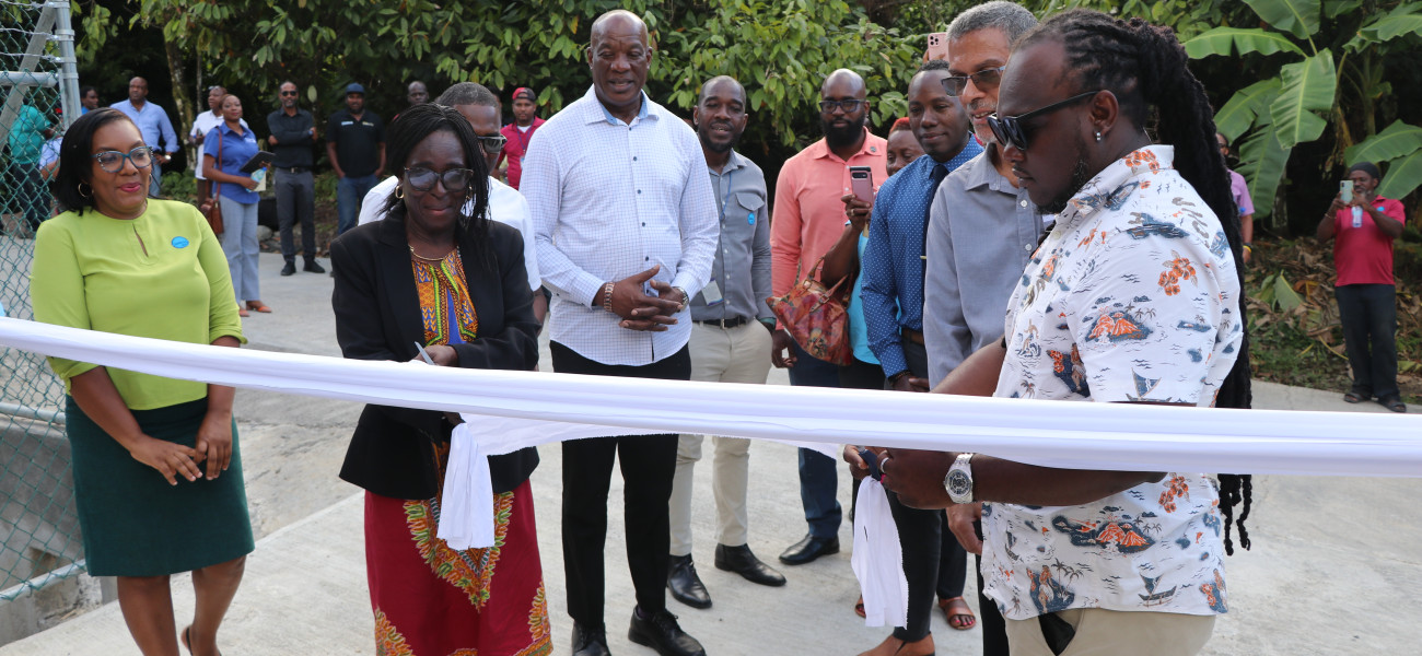 Parliamentary Representative cutting the ribbon to officially signal the commissioning of Tufton Hall Water Storage Tank.