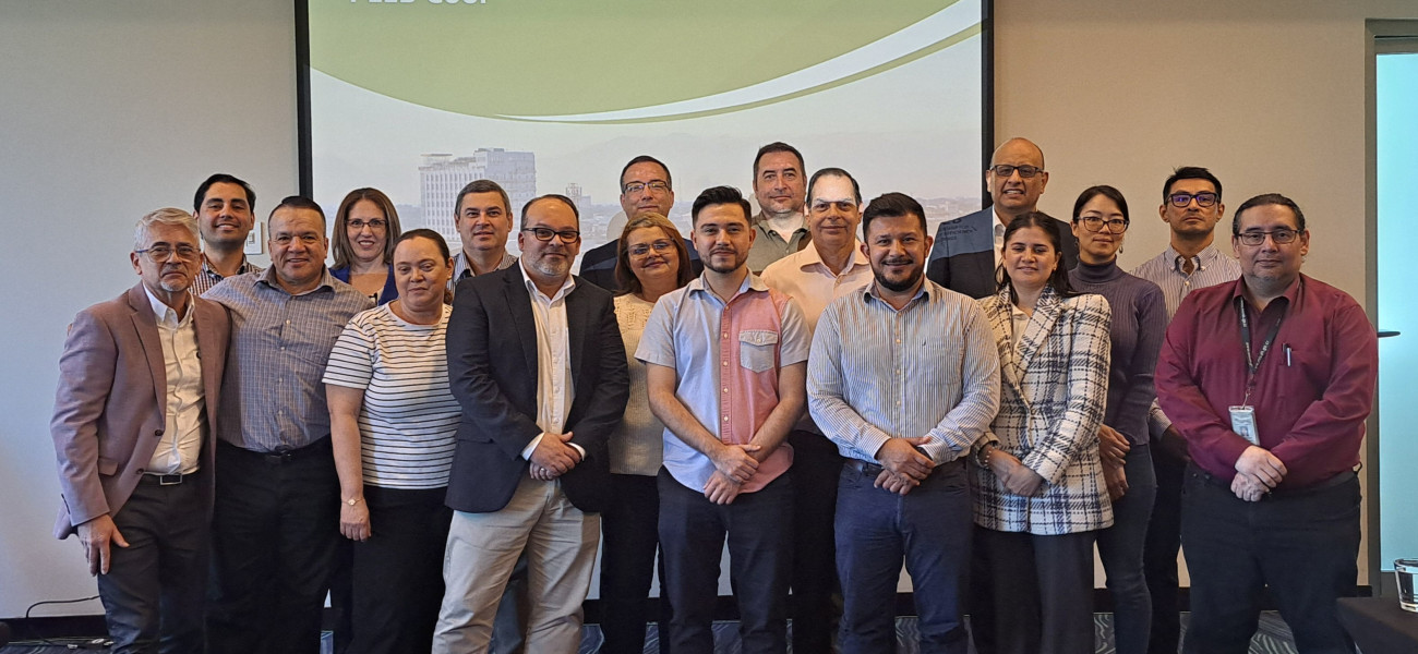 Group of 19 people participating in the workshop poses in front of PEEB Cool slides 